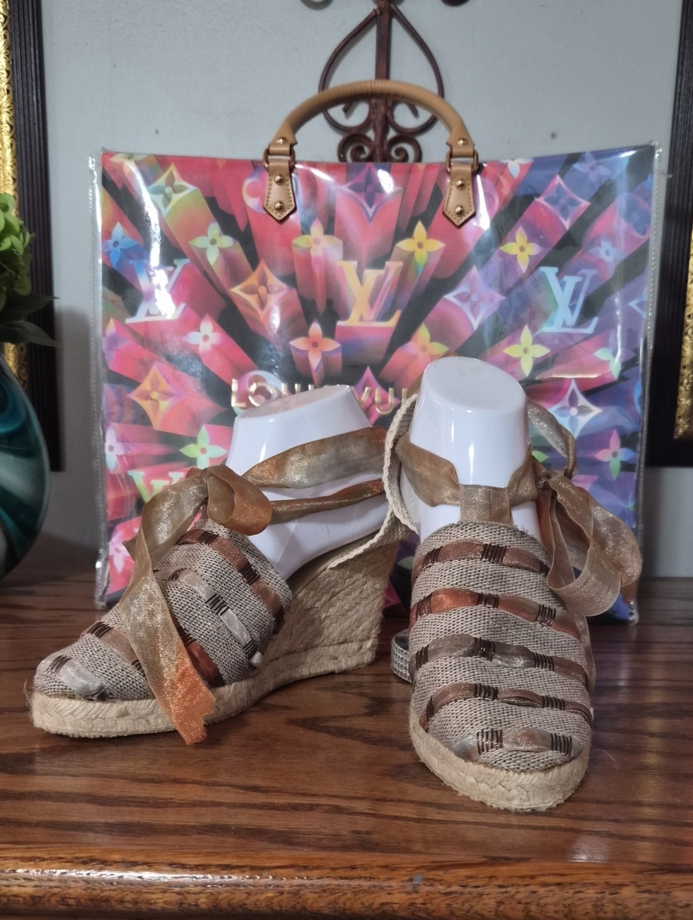 Madeline Metallic Lace Gold and Tan Wedge Espadrille Sandals